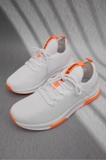 Men Women White and Orange Breathable Lightweight Mesh Running Sneakers Photograph-5